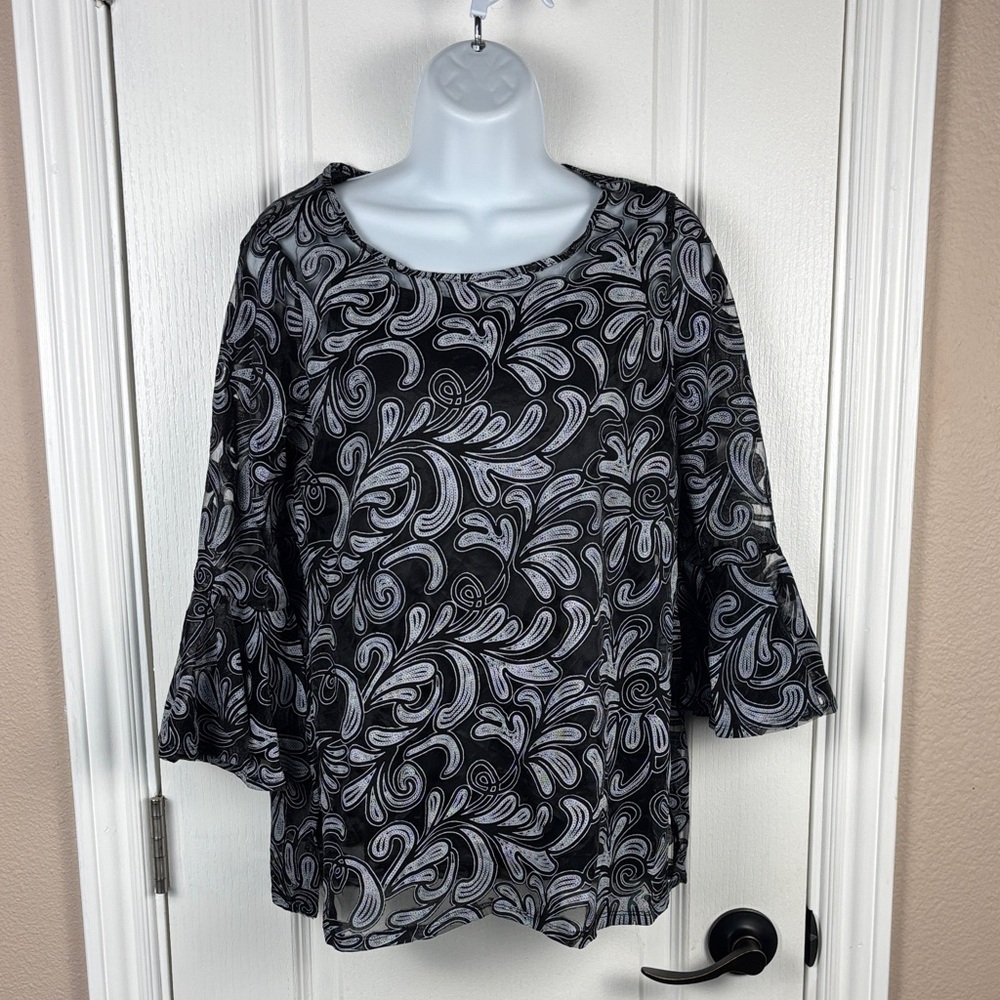 NY Collection Women's Black/Gray 3/4 Sleeve W/Ruffle Swirl Blouse Size M NWT